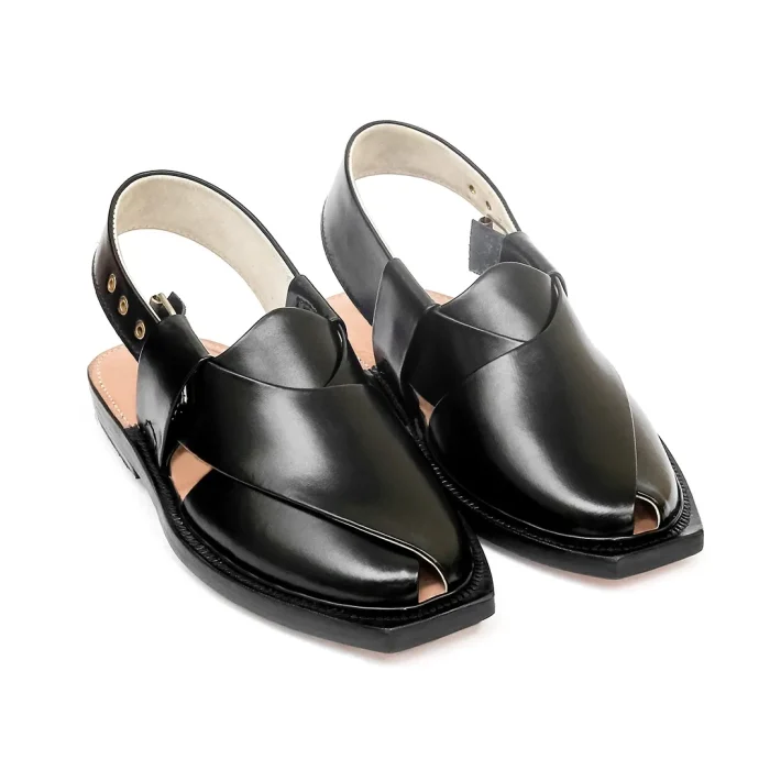 Black Leather Norozi Chappal With Leather Sole