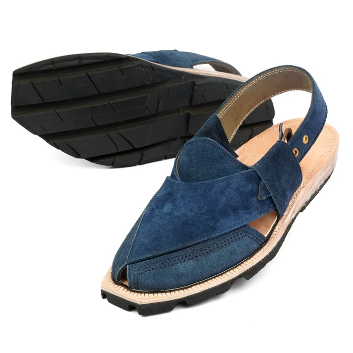 Hand Crafted Blue Suede Quetta Norozi Chappal with Double Sole - Image 2