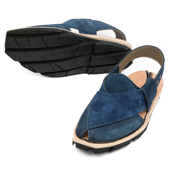Hand Crafted Blue Suede Quetta Norozi Chappal with Double Sole - Image 4